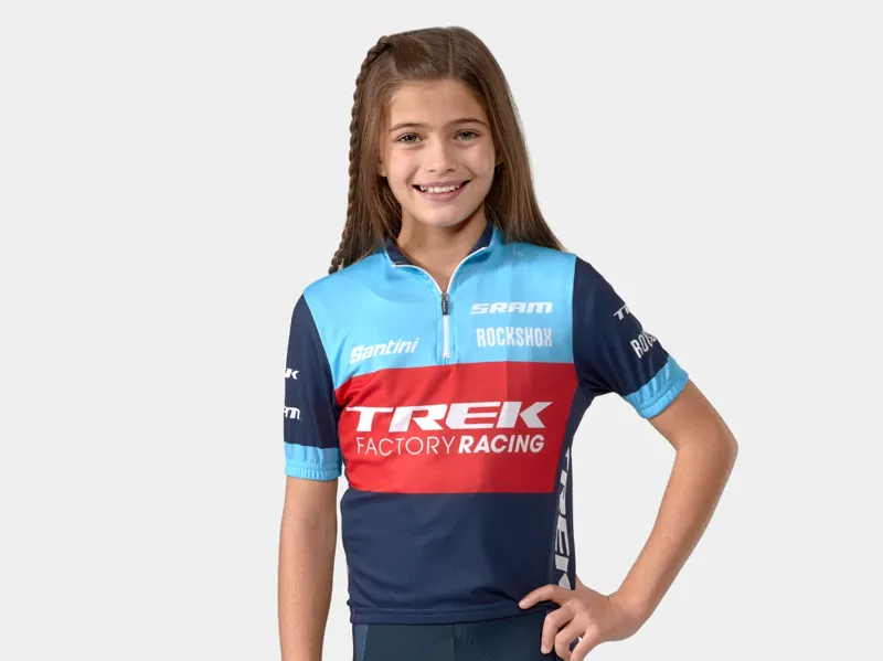 Trek Santini Factory Racing XC Team Replica Kids' Cycling Short Sleeve Jersey in Blue/Azure